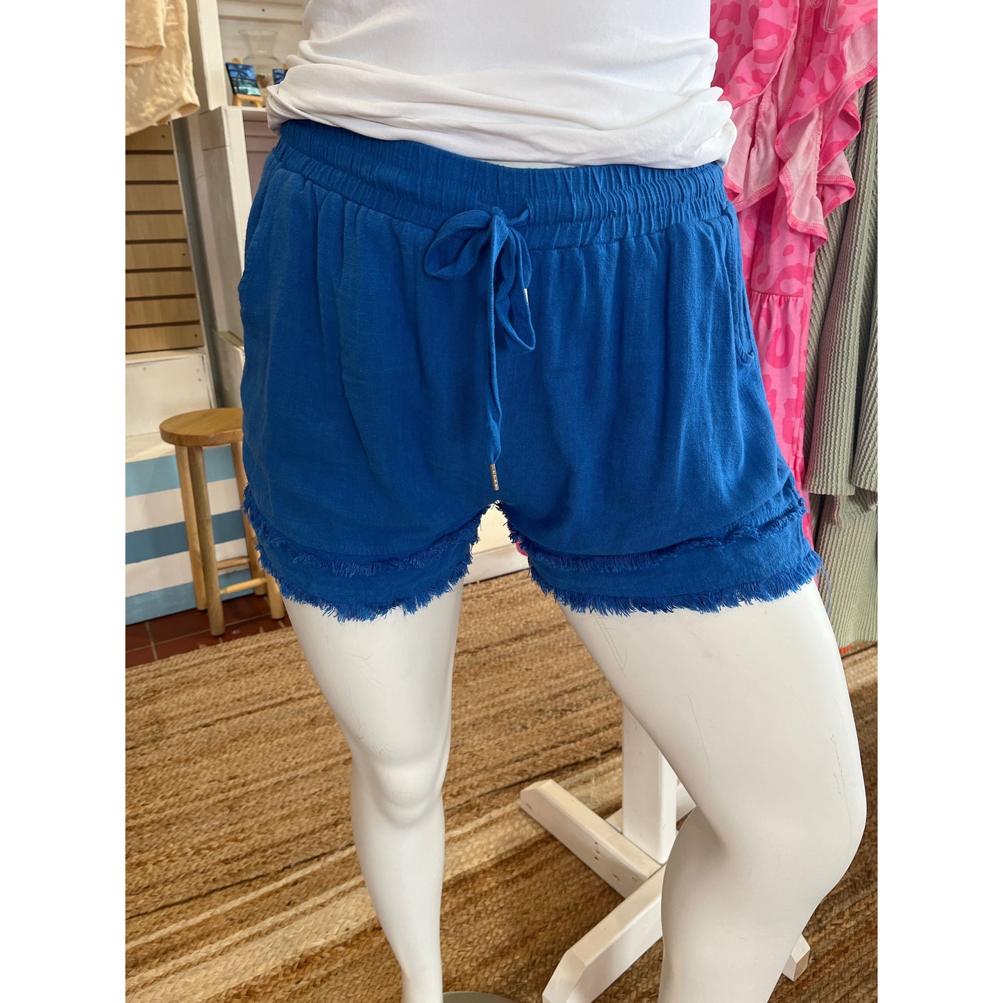 Cobalt plus size linen blend shorts.  Available in sizes Xl, 1X and 2X.  55% Linen, 45% Cotton.  Brand: Umgee