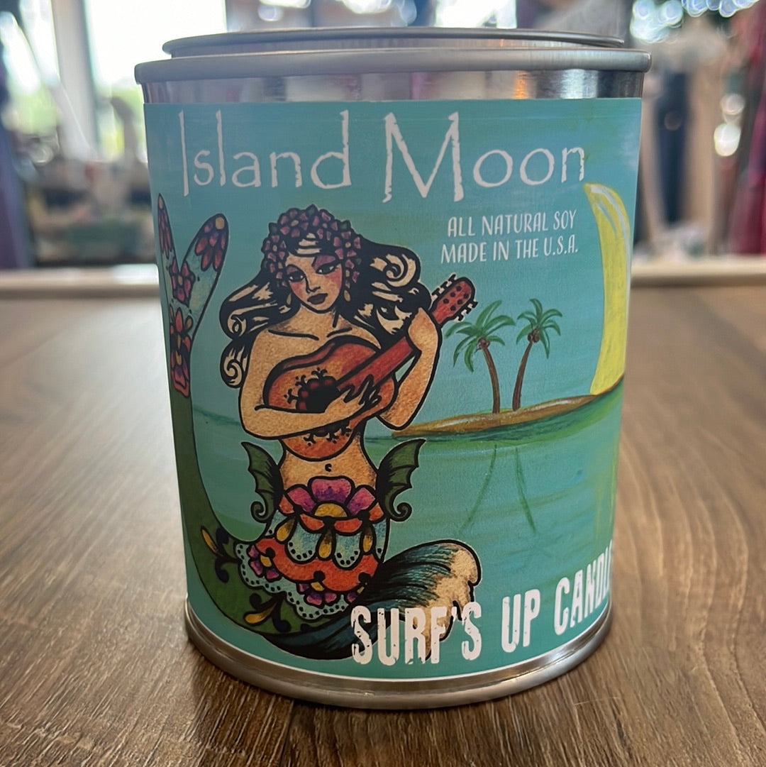 Island Moon soy candle in paint can.  Infused with a mix of fresh lemon and rosewater, along with floral notes and a touch of lavender.