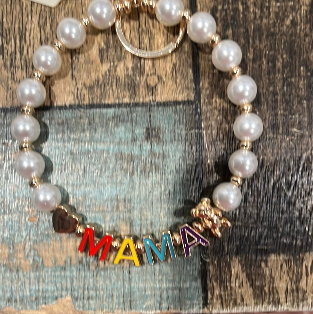 Mama Bear with Pearl Bead Keychain Bracelet