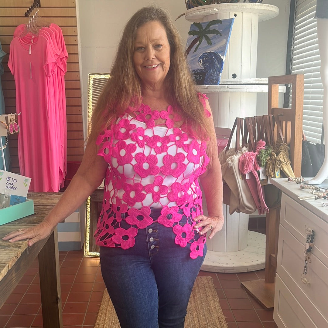 Crochet flower top, available in sizes Small through Large. Brand: Blakely. Colors: Black, Mocha, Cream, Pink. 100% Polyester.
