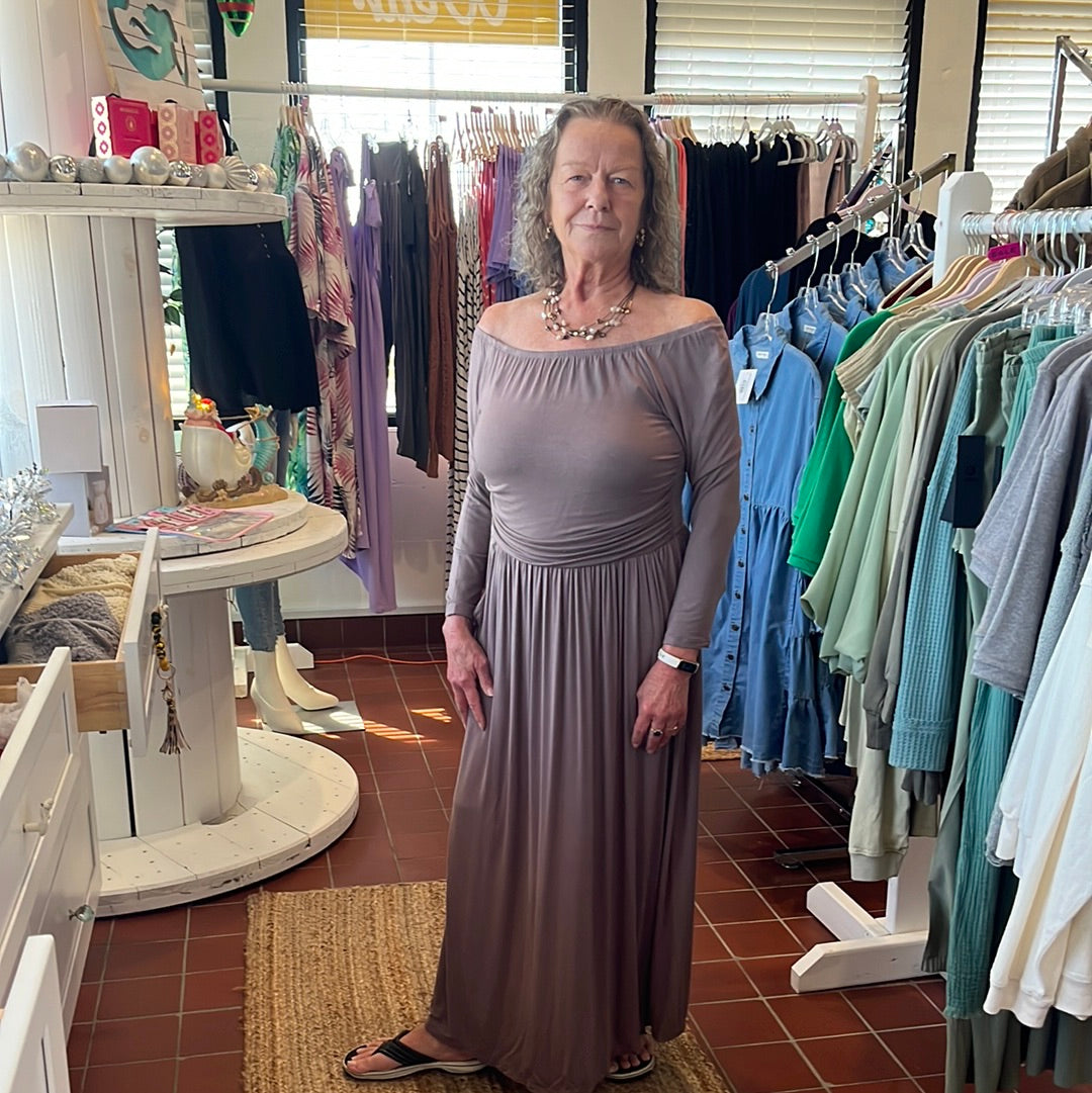 Off the shoulder Mocha Dress available in sizes Small through XL. Brand: Camille & Company. 95% Rayon, 5% Spandex.