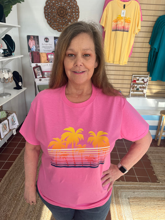  Retro Palms Graphic T.  Available in sizes Small through XL in Yellow Haze or Azalea.  100% Cotton.