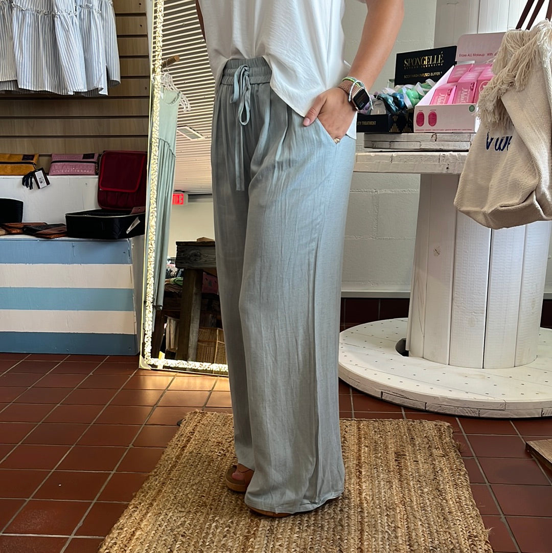 Lightweight wide leg pants. Available in sizes Small through Large. Brand: Heyson. 55% Hemp, 45% Polyester. Dusty Blue