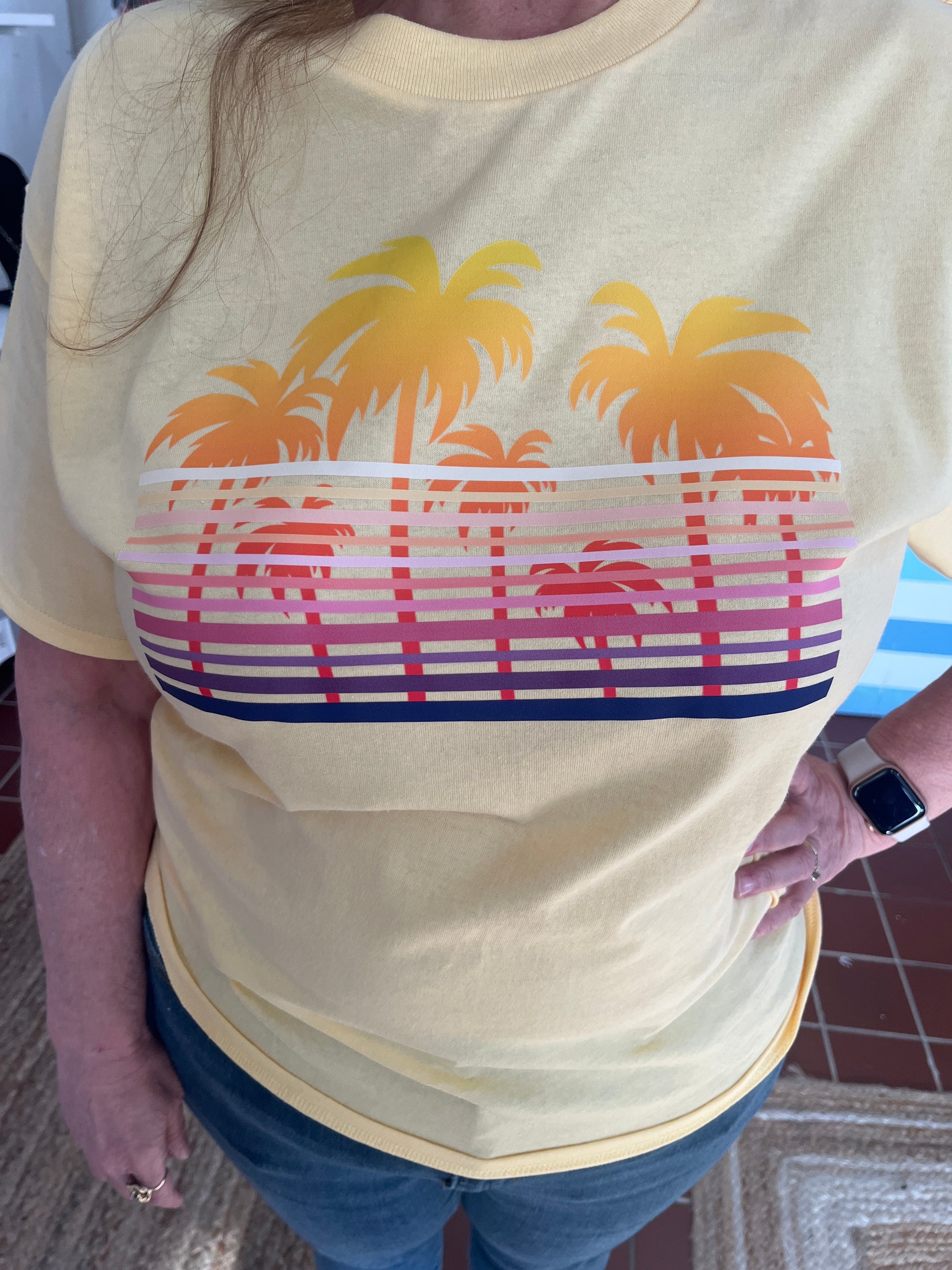 Plus size Retro Palms Graphic T.  Available in sizes 2X and 3X in Yellow Haze or Azalea.  100% Cotton.