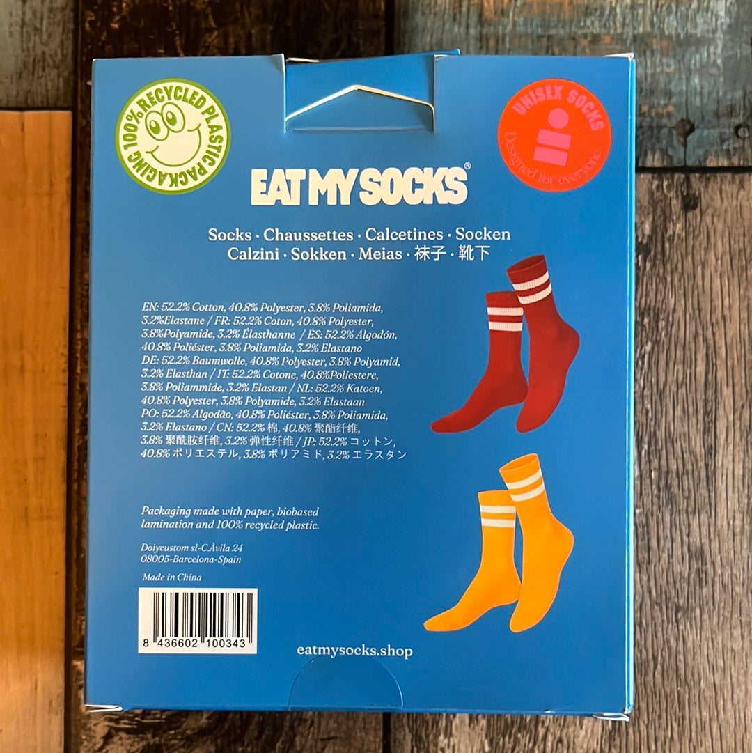 Ketchup and mustard socks in a cute box. 1 Pair Red, 1 Pair Yellow. Brand: Eat My Socks 52.2% Cotton, 40.8% Polyester, 3.8% Poliamide, 3.2% Elastane