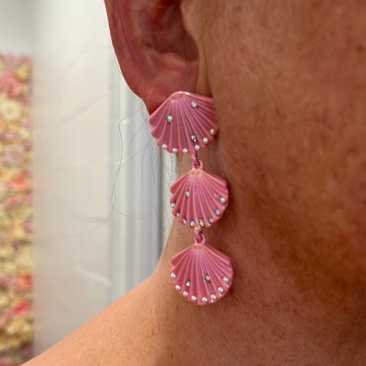 Pink shell earrings.  3 Tiers of pink shells with rhinestones.  Post.