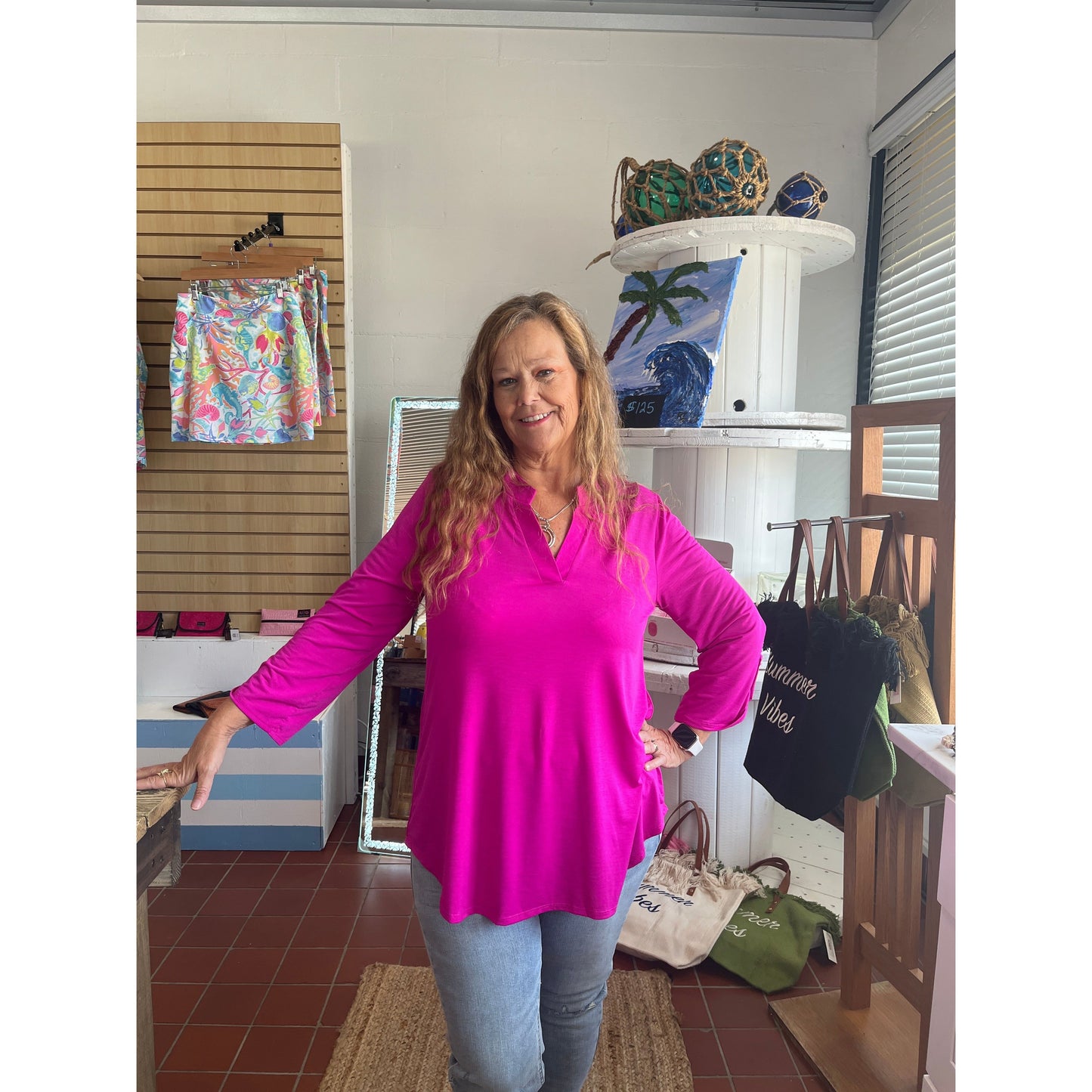 Hot Magenta Wrinkle Free 3/4 Sleeve Top