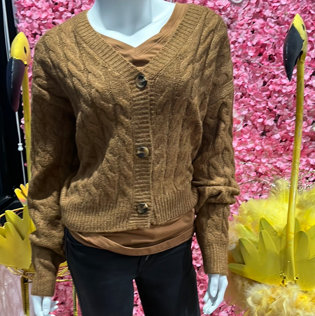 Cable knit cardigan sweater by HYFVE. Available in sizes Small through Large. 83% Acrylic, 15% Polyester, 2% Spandex. Pale Brown.
