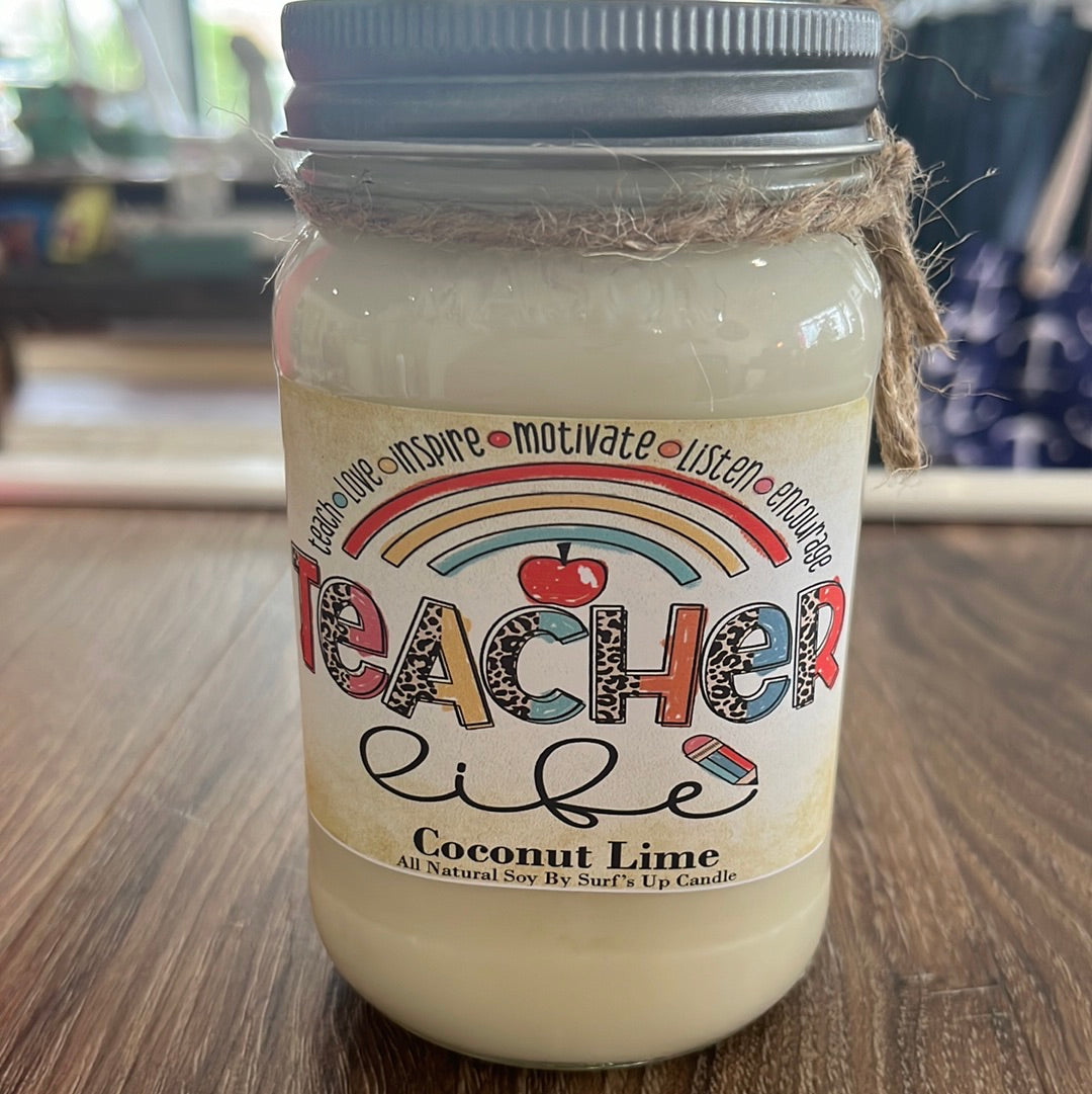 Teacher life coconut lime all natural soy wax, in a glass jar.  