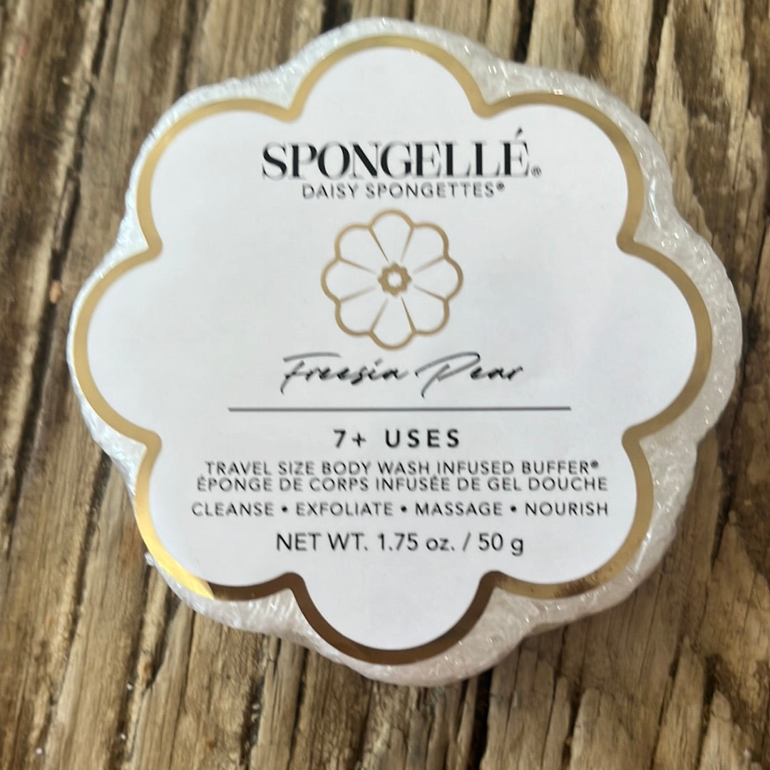 Spongelle Freesia Pear travel size body wash infused buffer.  Cleanse, exfoliate, massage, and nourish.  1.75 oz.