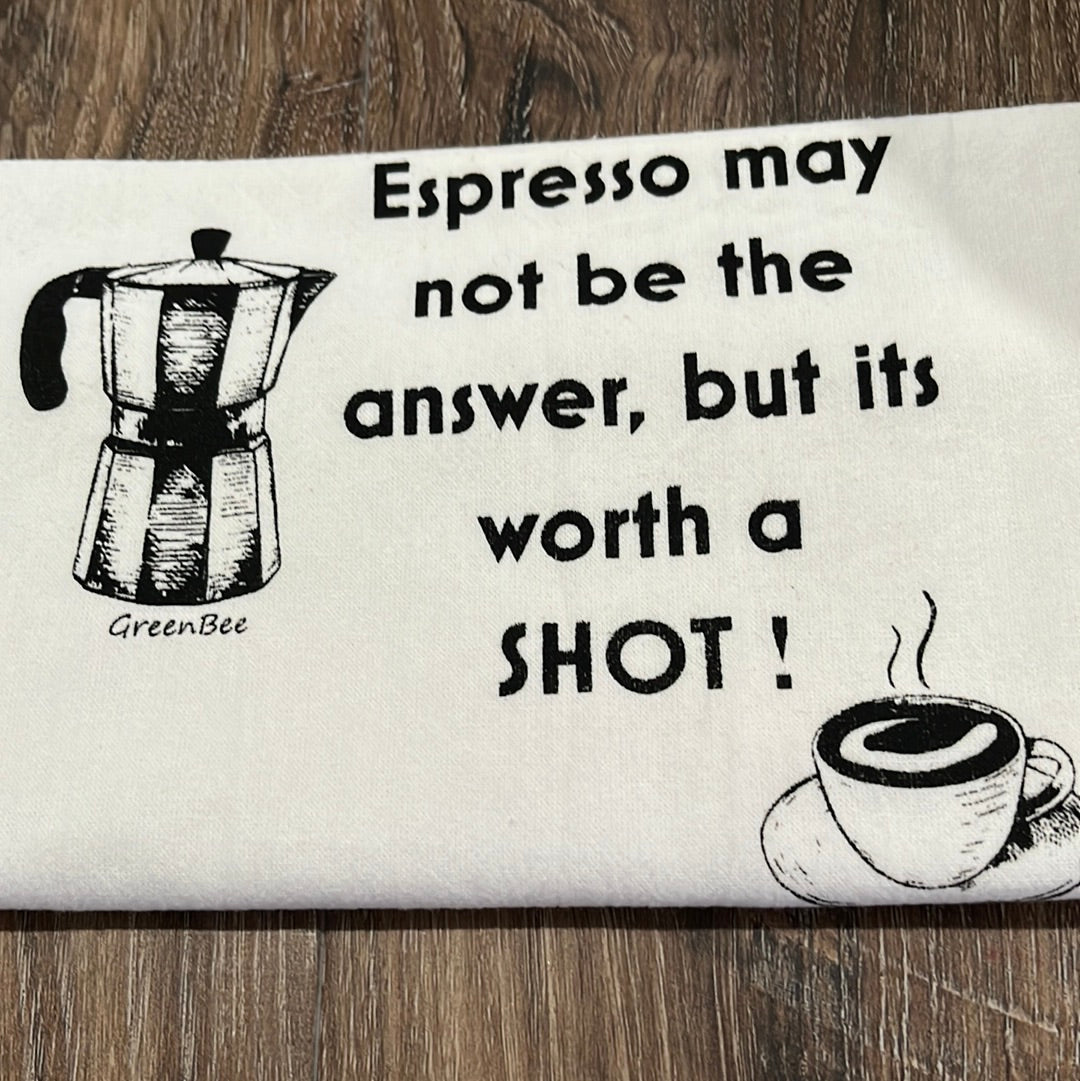 Espresso may not be the answer, but it's worth a shot Tea Towel.  100% Cotton. Length-28.5" Width-27.25" Green Bee Tea Towels