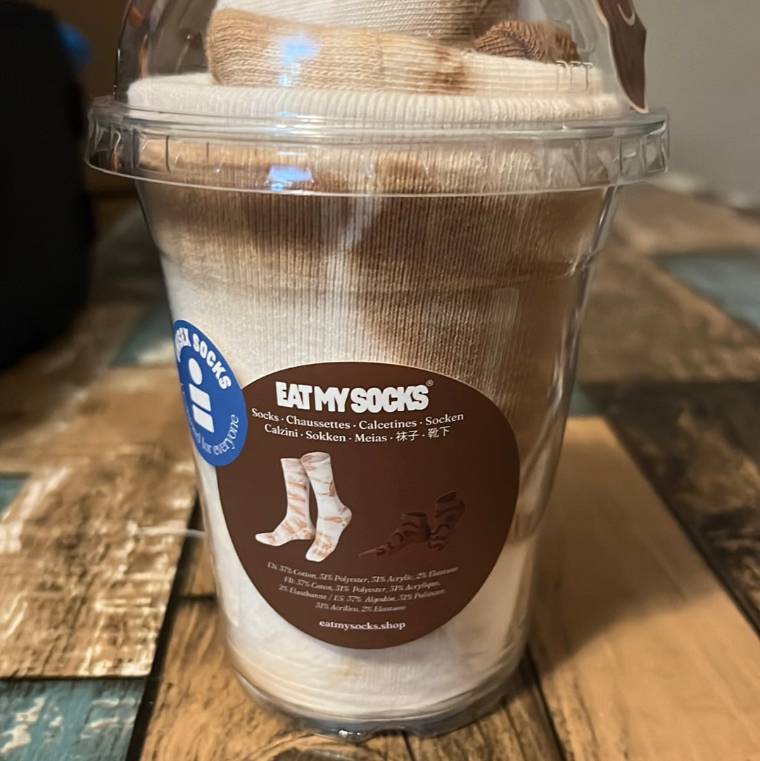 Chocolate milkshake (Smoothie) socks come in a milkshake-like package. 2 Pairs, Brown and Cream.