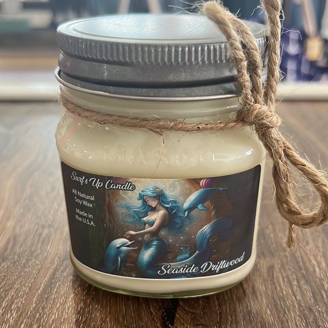 Adorable 8 Oz. Seaside Driftwood Mason Jar Candle featuring a Mermaid on the label.  All soy wax.  Made in the USA