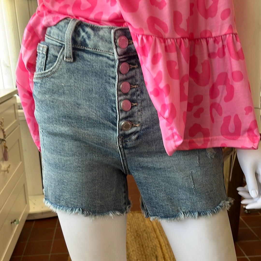 Judy Blue High Waist Button Fly Distressed Shorts available in sizes Small through Large.  94% Cotton, 5% Polyester, 1% Spandex.  