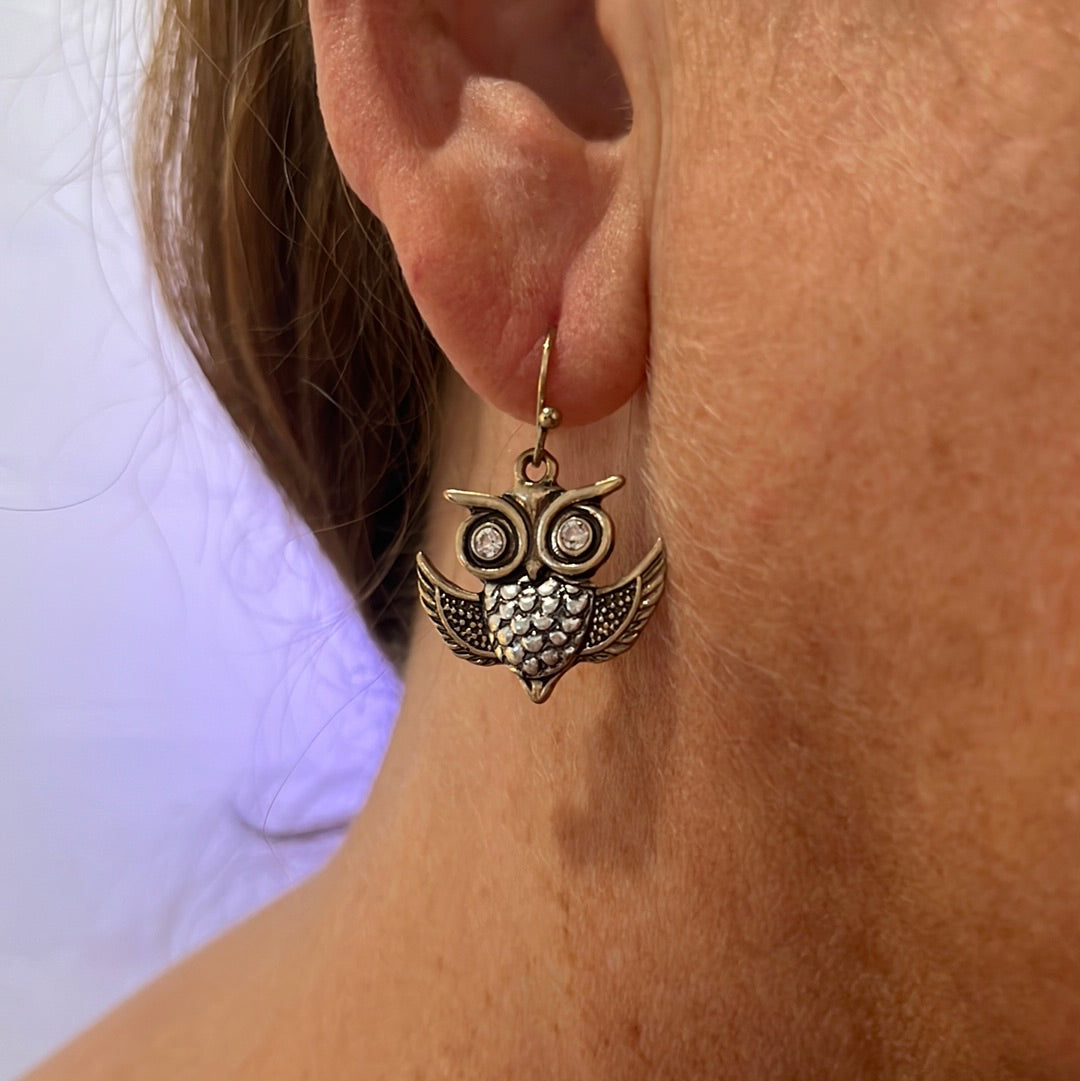 Owl dangle earrings.  Lead compliant