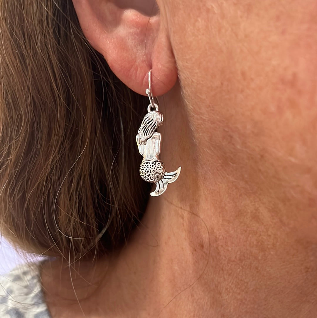 Silver mermaid dangle earrings.  Lead compliant.