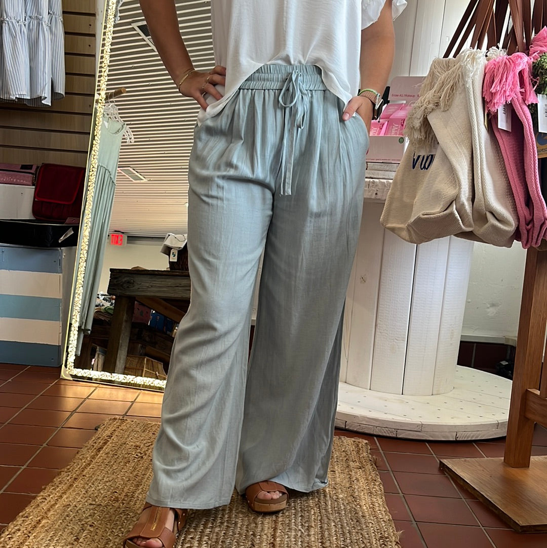 Lightweight wide leg pants.  Available in sizes Small through Large.  Brand: Heyson.   55% Hemp, 45% Polyester. Dusty Blue