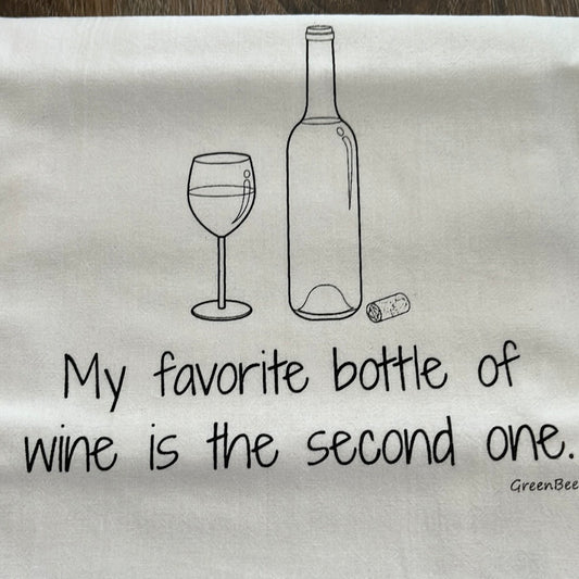 My Favorite Bottle of Wine is the second one Tea Towel.  100% Cotton. Length-28.5" Width-27.25" Green Bee Towels.