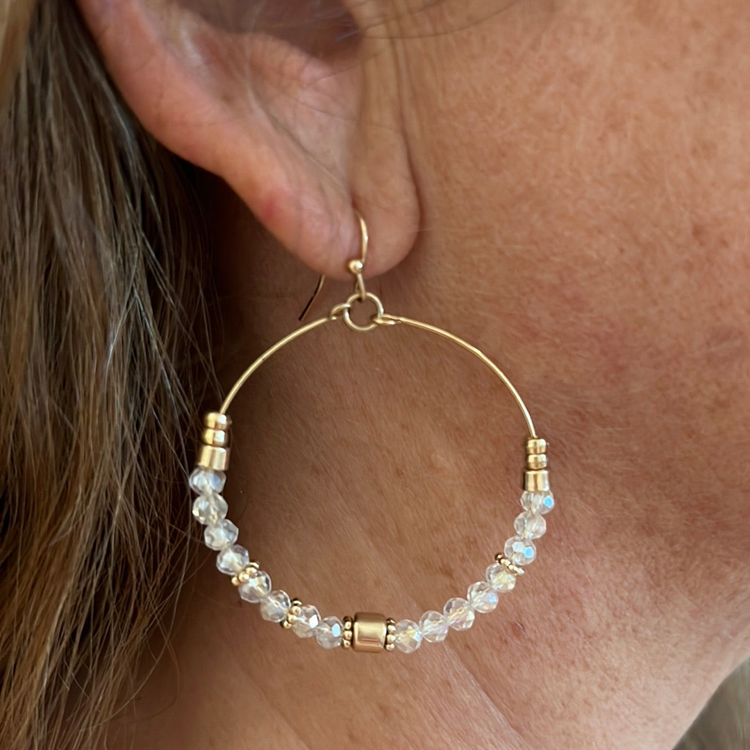 Gold and clear round beaded earrings.  Dangle. Lead compliant.