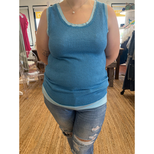 Sydney plus size waffle tank.  Available in sizes 2X and 3X.  Summer Blue