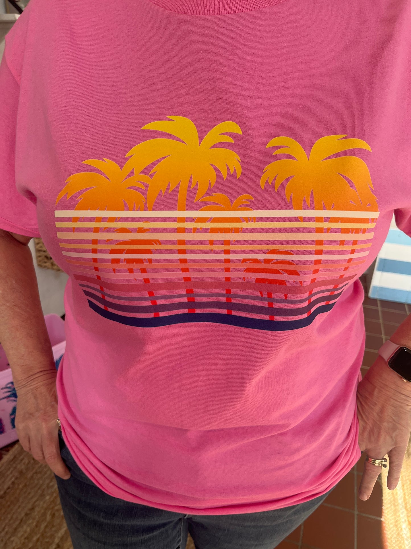 Plus size Retro Palms Graphic T.  Available in sizes 2X and 3X in Yellow Haze or Azalea.  100% Cotton.