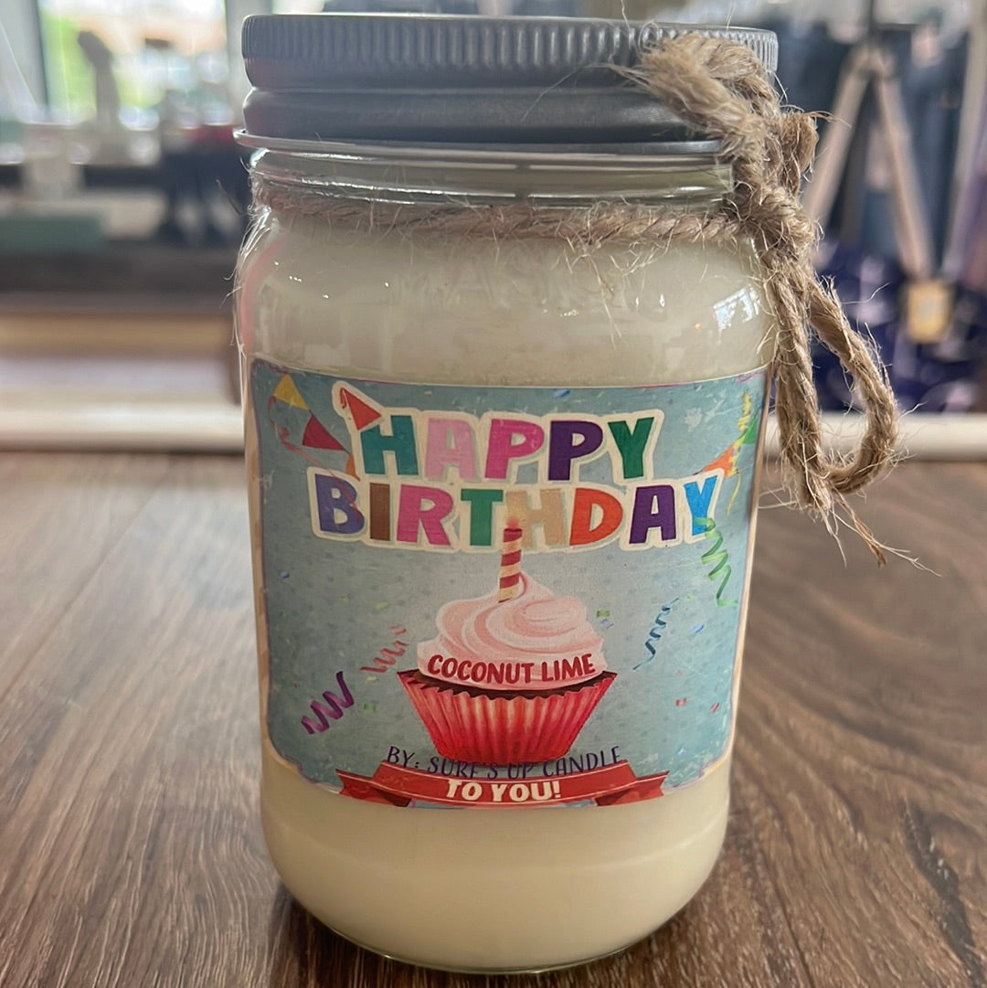 Mark the special occasion with a Happy Birthday candle in a Mason Jar.  Coconut Lime scented. 16 oz.  Made in the USA