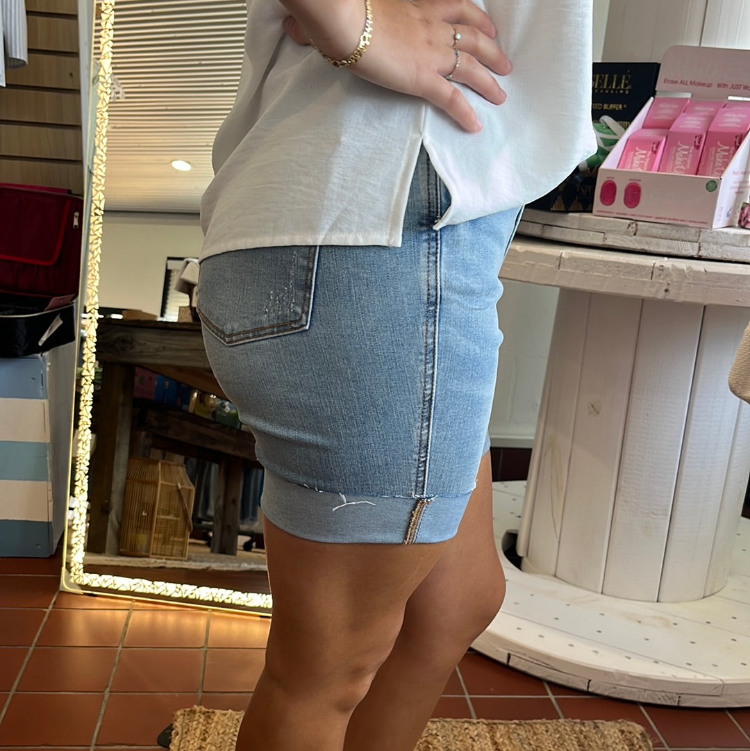 Judy Blue High Waist Tummy Control Cool Denim Shorts. Available in sizes Small through XL. 68% Cotton, 27% Sorbtek, 3% Viscose, 2% Spandex