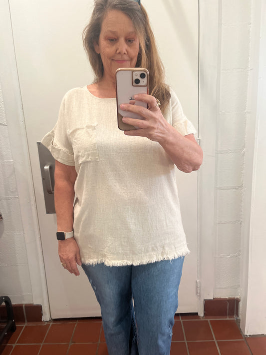 Linen Blend Top with Cuffed Sleeve