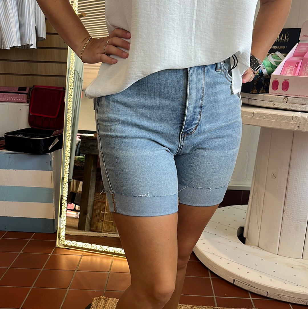 Judy Blue High Waist Tummy Control Cool Denim Shorts.  Available in sizes Small through XL.  68% Cotton, 27% Sorbtek, 3% Viscose, 2% Spandex