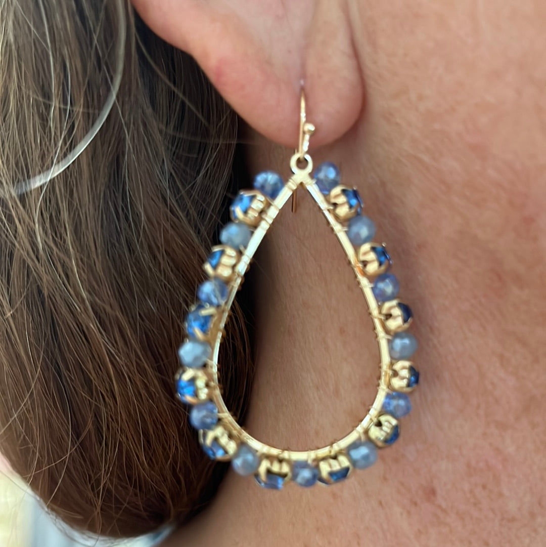 Sapphire blue and sky blue and gold teardrop shape beaded earrings.  Dangle.