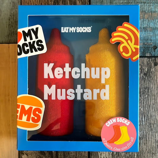 Ketchup and mustard socks in a cute box.  1 Pair Red, 1 Pair Yellow. Brand: Eat My Socks 52.2% Cotton, 40.8% Polyester, 3.8% Poliamide, 3.2% Elastane 