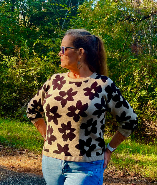 Black and Oatmeal Flower Sweater