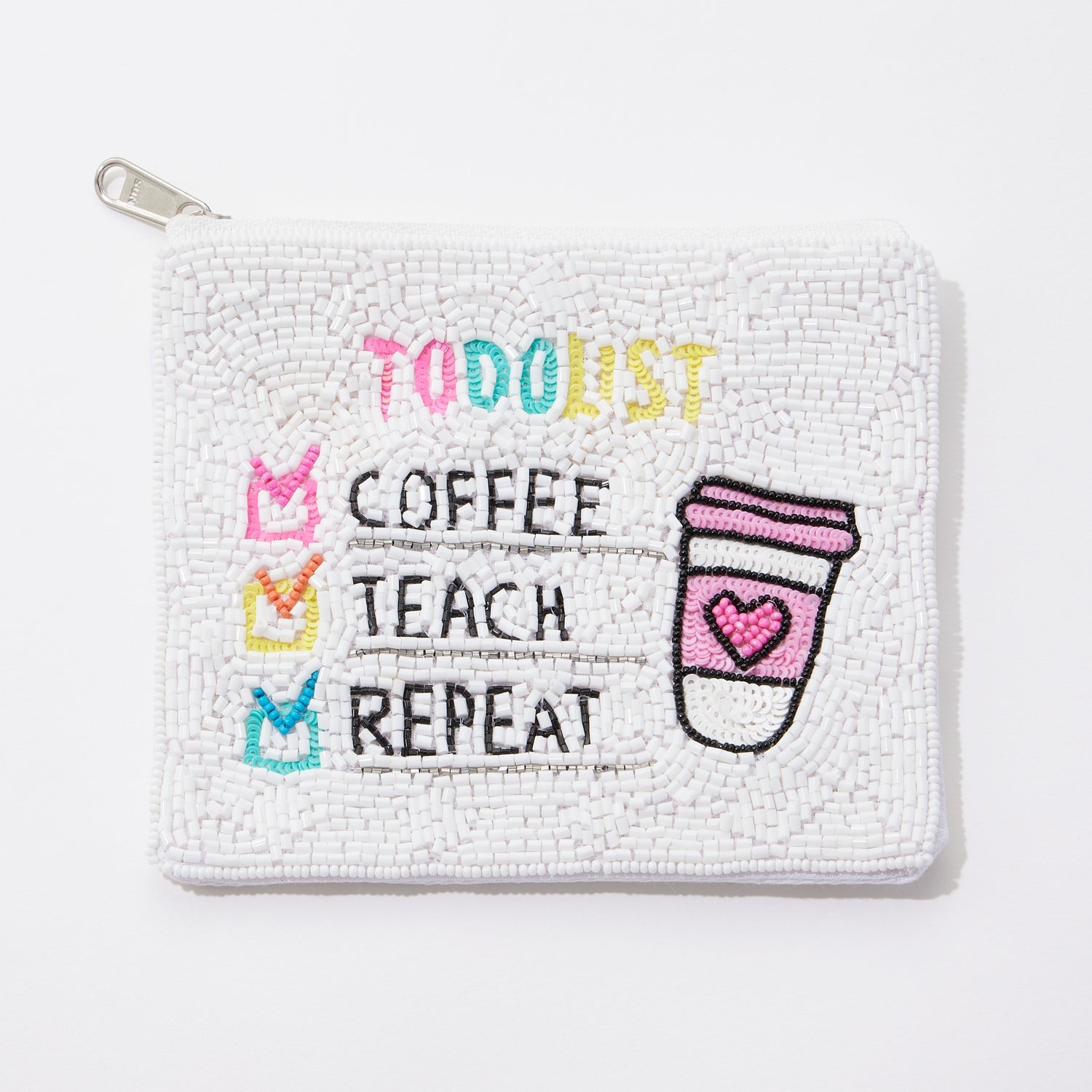 Coffee, Teach, Repeat Coin Purse.  Seed Bead, Canvas.