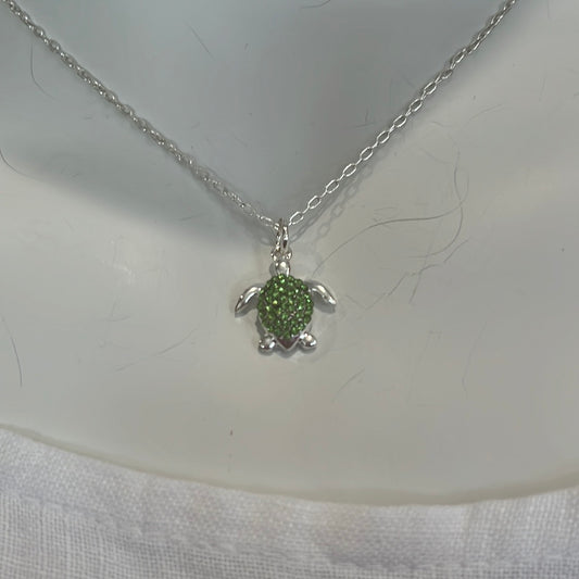 9" Silver Necklace with Bling Turtle Pendant