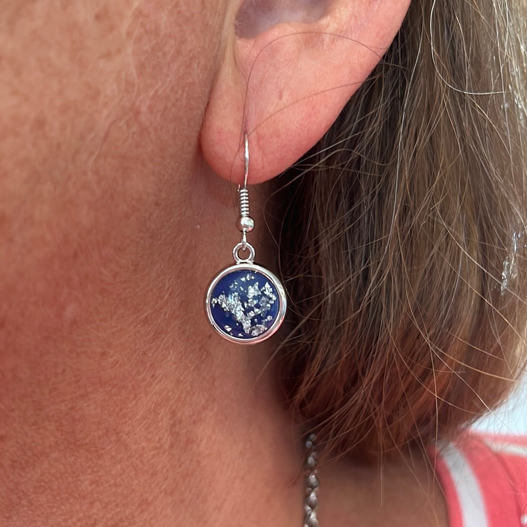 Dark blue and silver dangle earrings