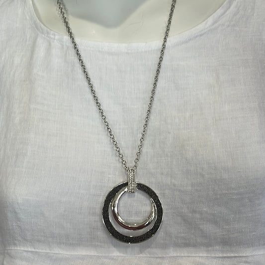 15" silver necklace with black circle pendant