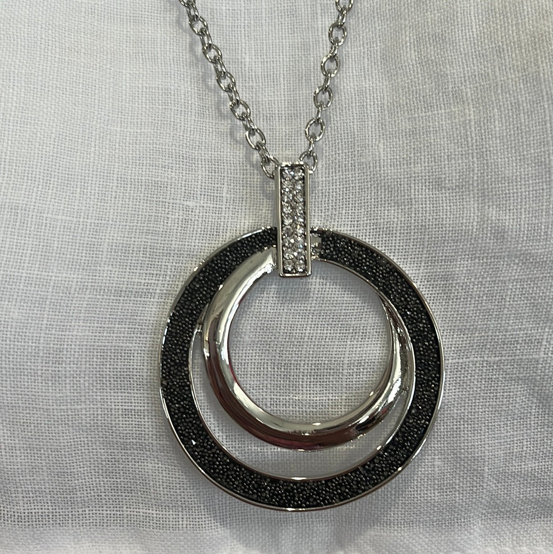 15" silver necklace with black circle pendant