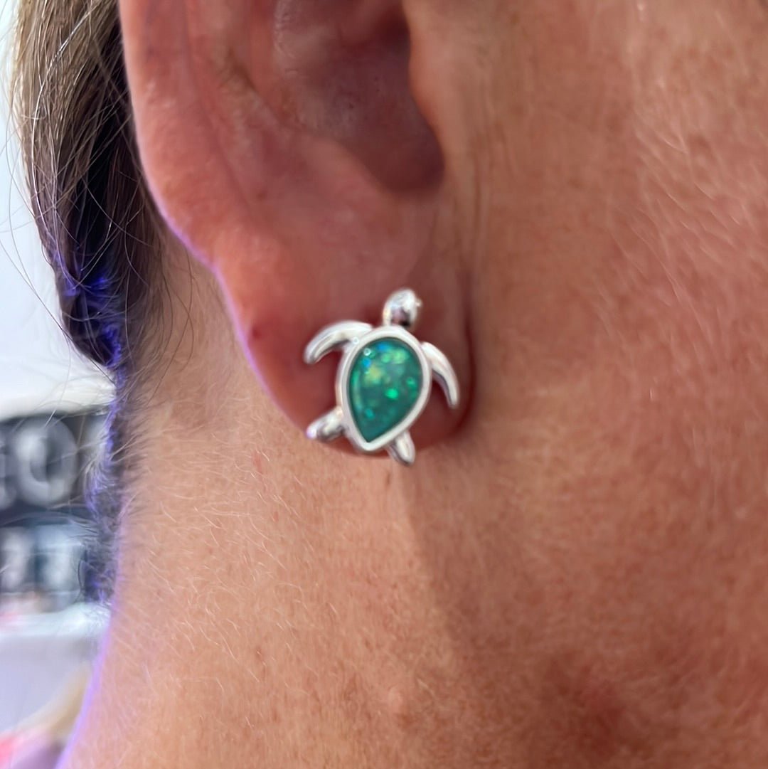 Green Iridescent Turtle Earrings. Post.
