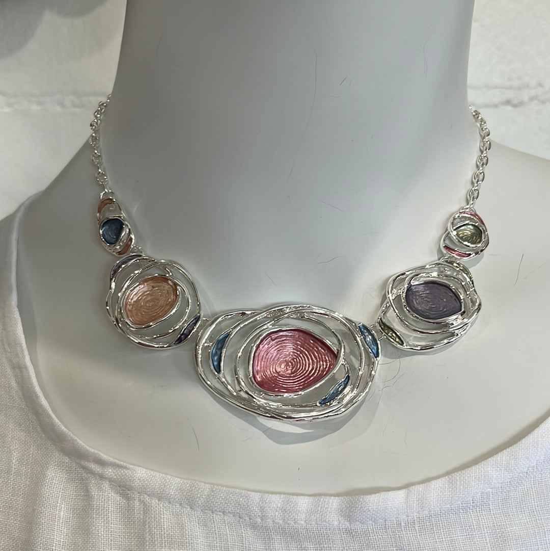Pink, purple, blue multi colored silver necklace with earrings