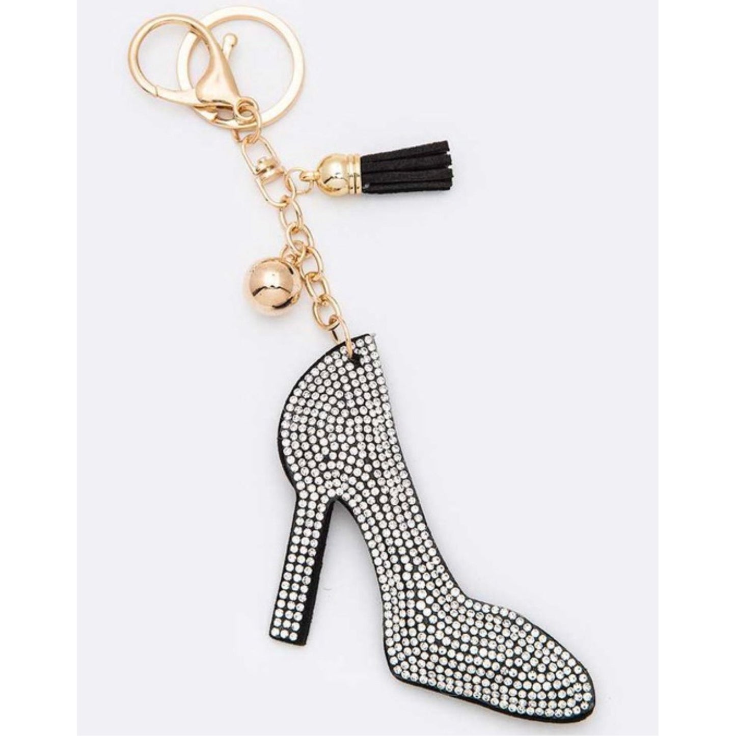 Crystal heel keychain with tassel.  Dimensions 2 1/2" x 2 1/2"