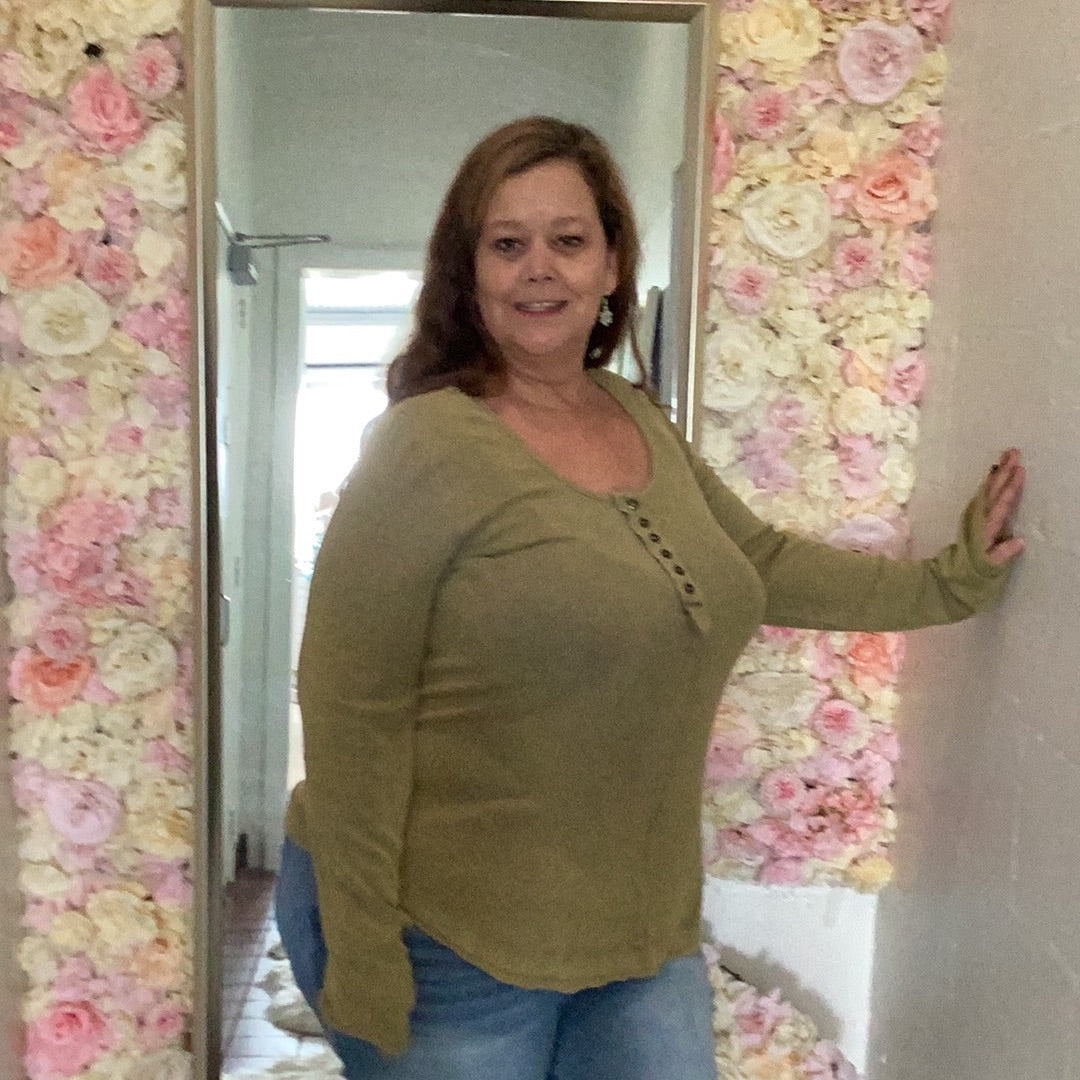 Plus size Dusty Olive Long Sleeve top available in sizes XL-3XL 94% Rayon, 6% Spandex