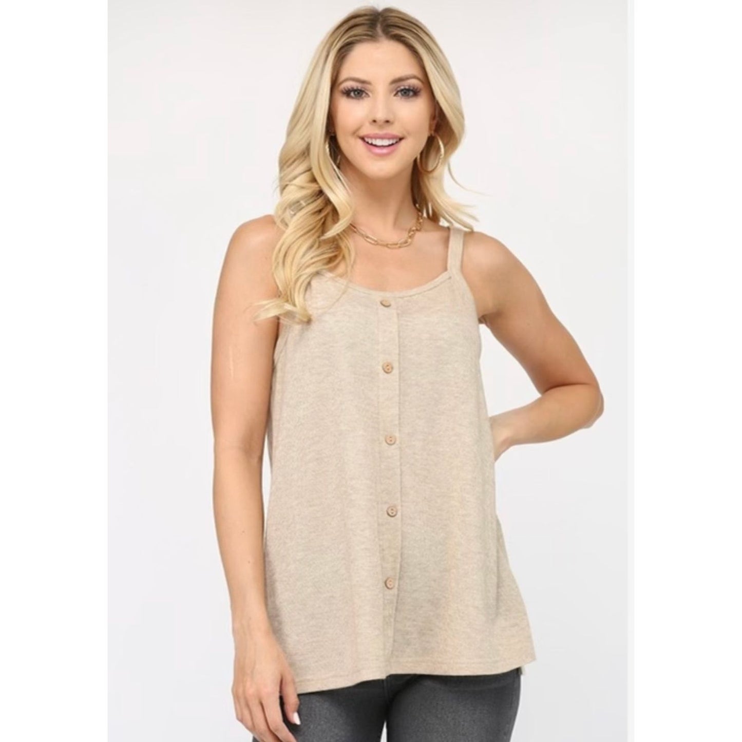 Solid knit tank top by Gigio available in Mocha and Oatmeal 58% Polyester, 29% Rayon, 13% Nylon