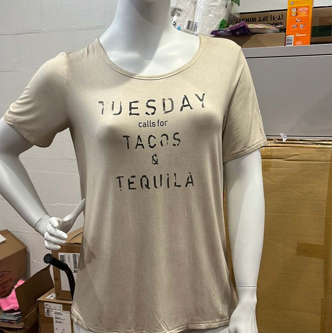 Tacos and Tequila graphic T by POL  available in Black and Almond in XL to 3X 94% Rayon, 6% Spandex