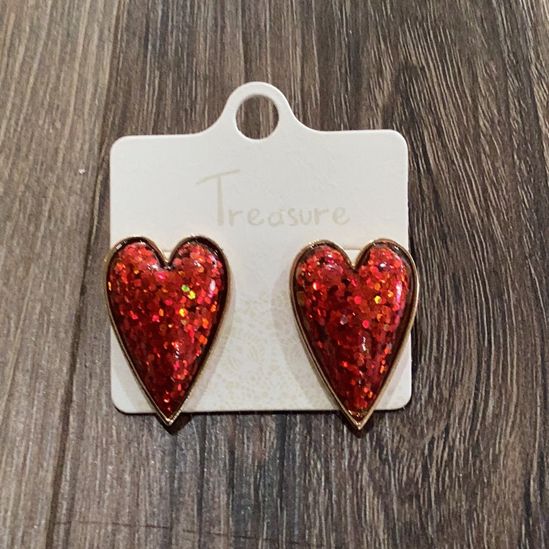 Glitter heart earrings available in Red.  Treasure Brand.  1.5" Length Gold outline