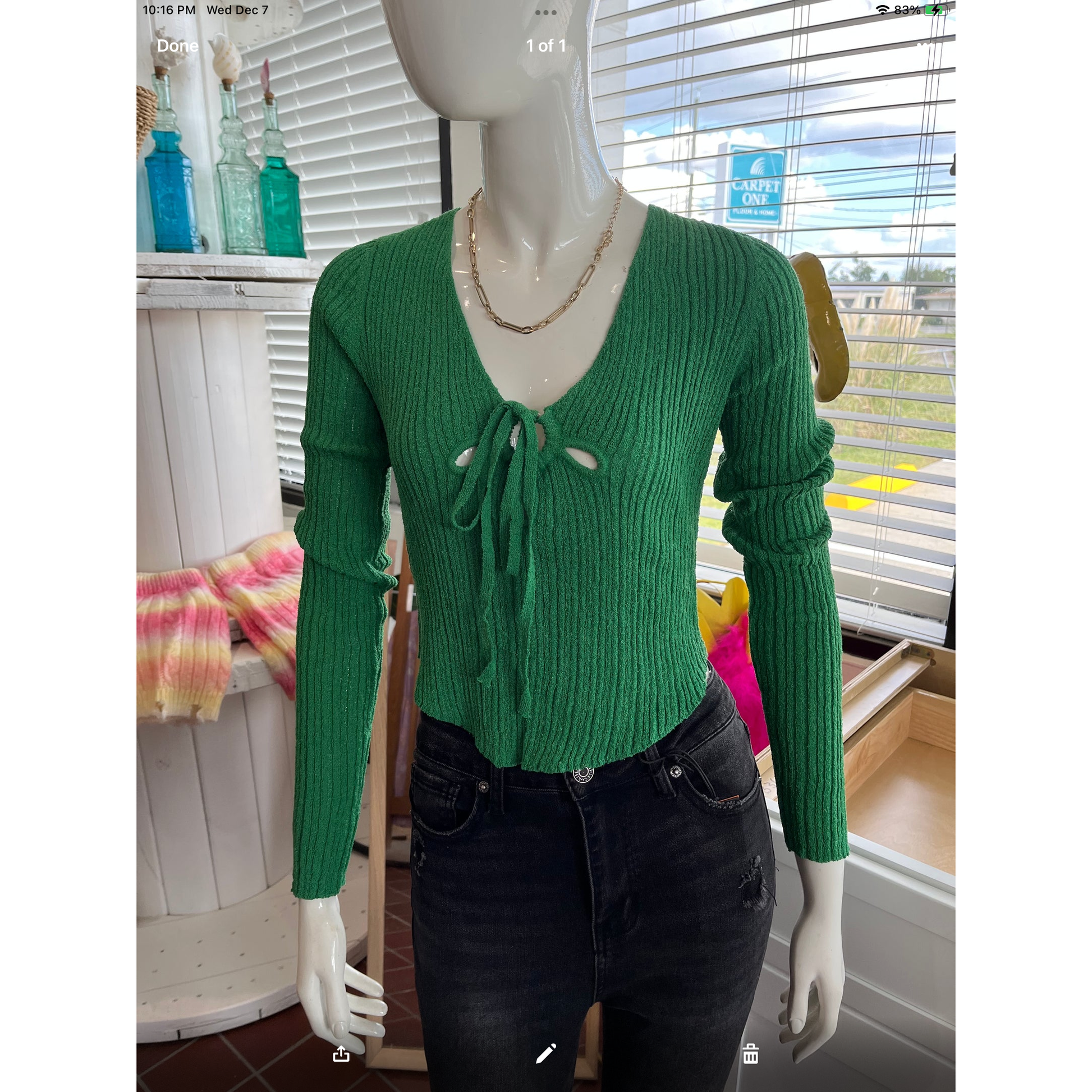POL fitted sweater with scoop neckline S-L. 100% Acrylic.  Green.