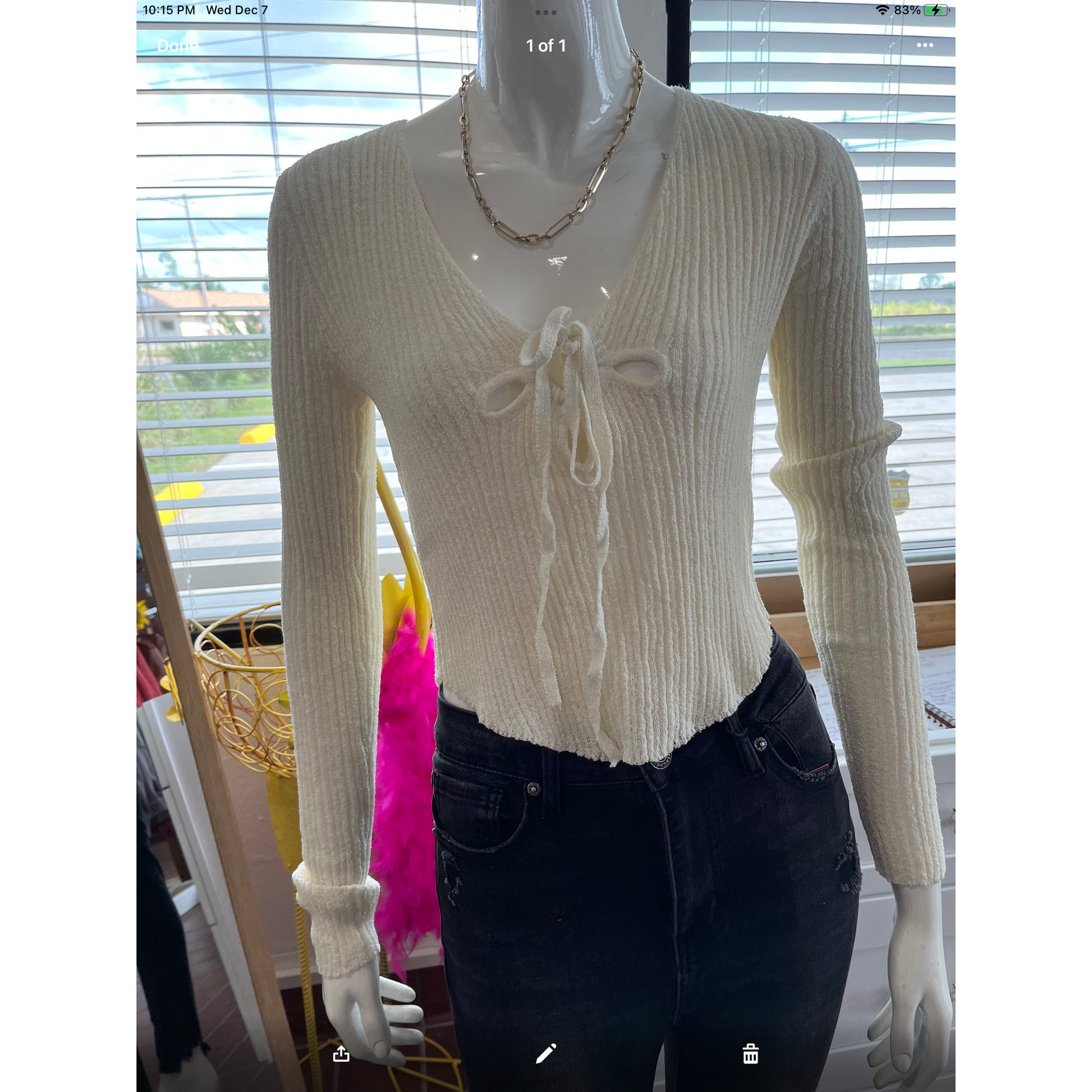 POL fitted sweater with scoop neckline S-L. 100% Acrylic. Whipped Cream.