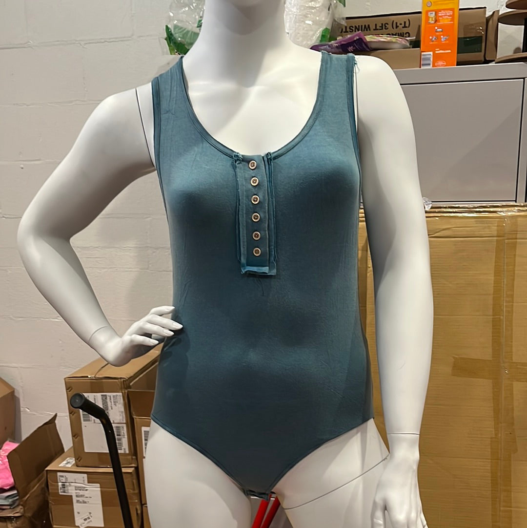 POL plus size scoop neck bodysuit available in sizes X-Large through 3XL 94% Rayon 6% Spandex.  Steel Blue.