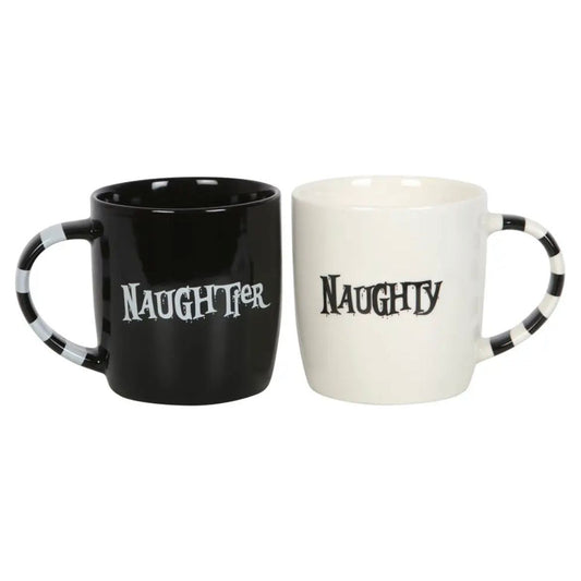 Naughty & Naughtier Couples Mugs Black and White. Striped handles