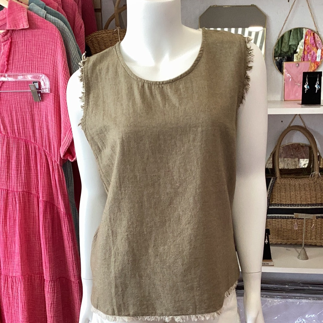 Olive cotton woven sleeveless top available in sizes Small through Large 100% Cotton