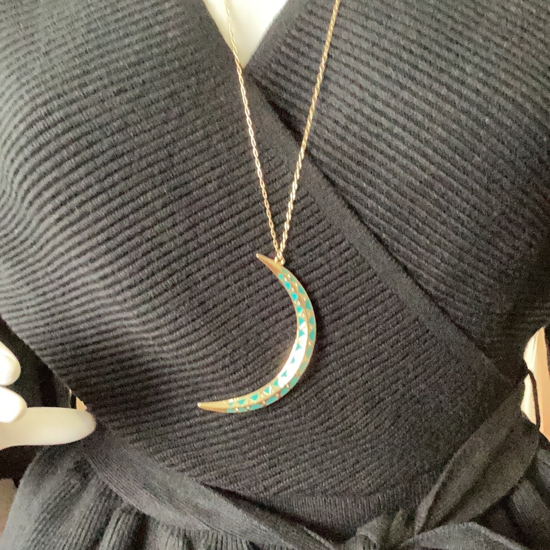 30" Crescent Moon enamel necklace, Turquoise